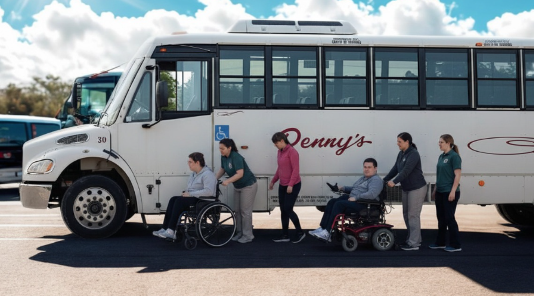 Accessible Denny’s Bus Lines transportation arriving at an Ontario airport with passengers and luggage