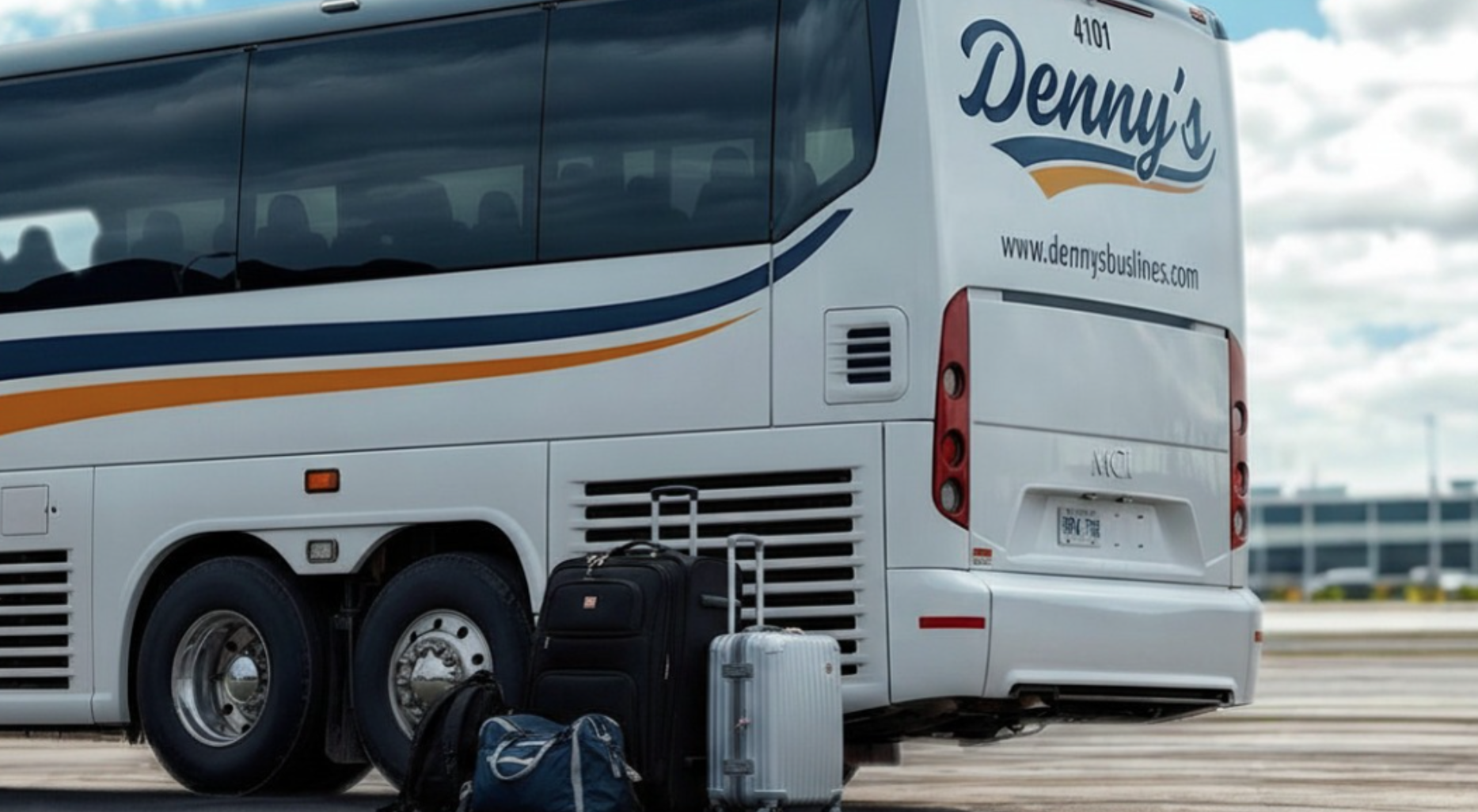 Denny’s Bus Lines’ charter bus parked outside an airport with travellers' luggage in front