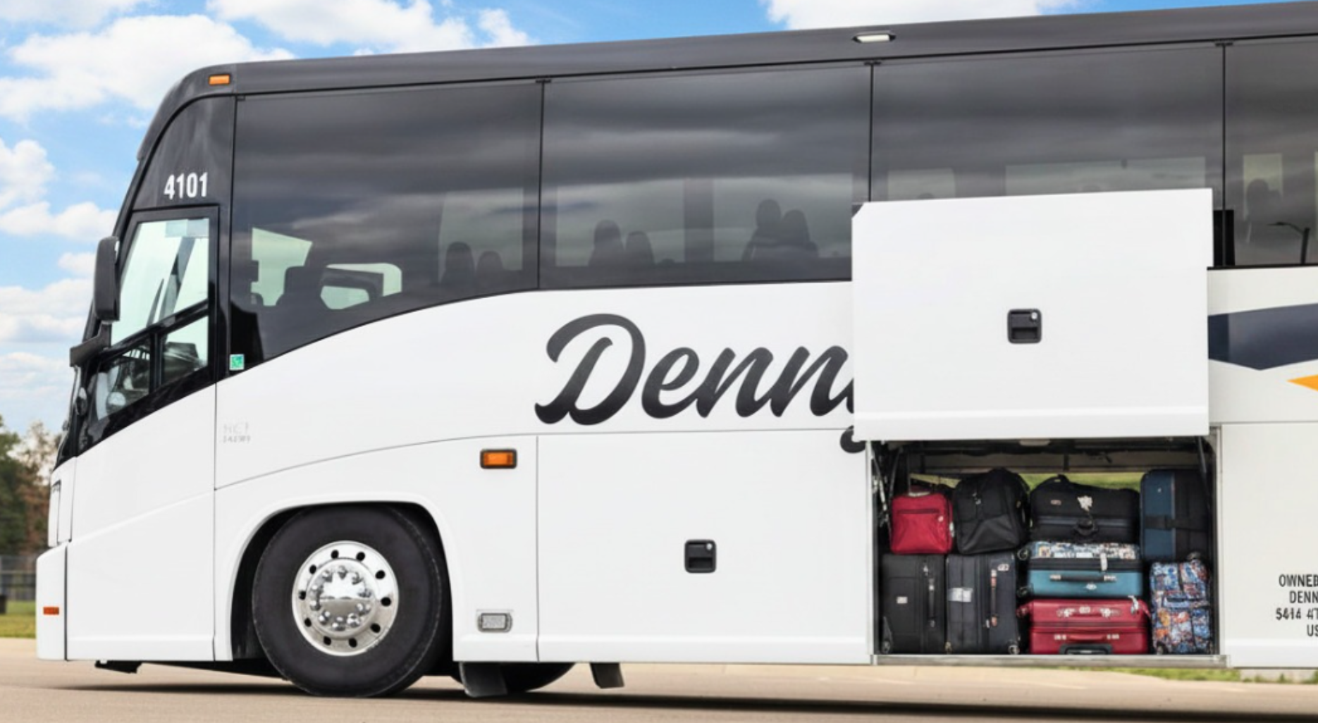 Denny’s Bus Lines Bus with luggage loaded underneath, representing ongoing group travel across Ontario